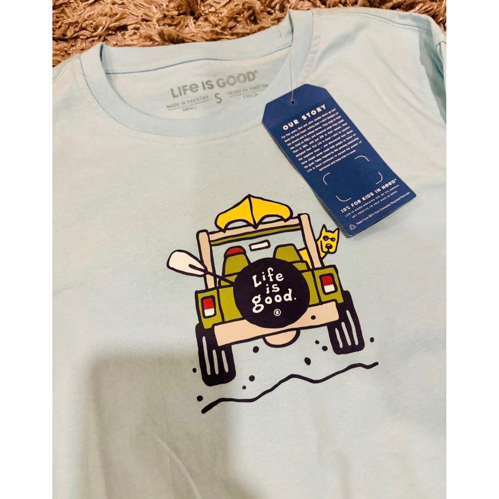 Life is Good Mens Small Light Blue Long Sleeve OffRoad Kayak Dog Graphic Tee NWT